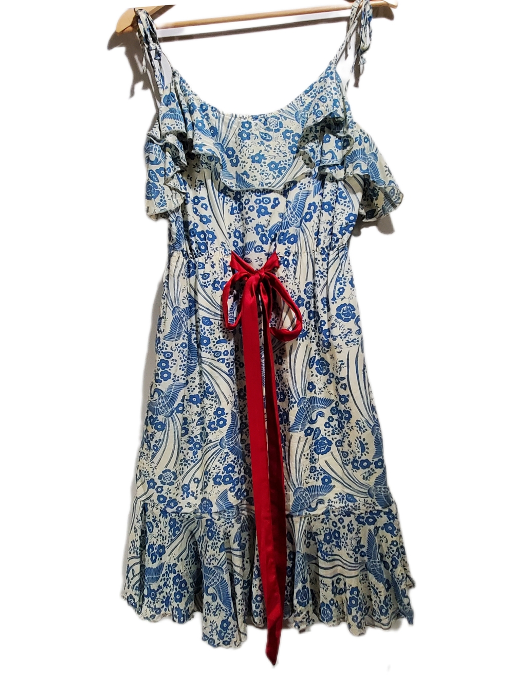 ANTHROPOLOGIE Midi Sundress Flutter Neckline Floral A-Line Ruffle Blue & Cream - Picture 1 of 15